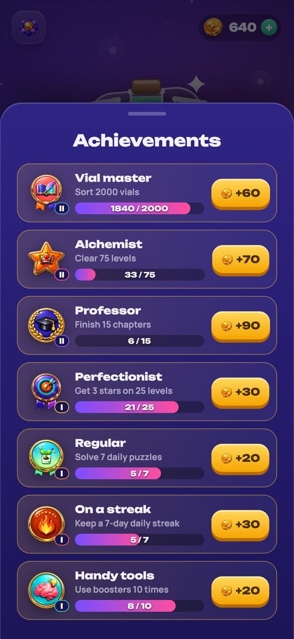 Vials: achievements with tiers and coin rewards