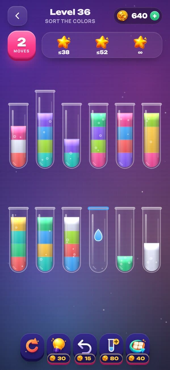 Vials: a board of glass vials with layered liquid and boosters below