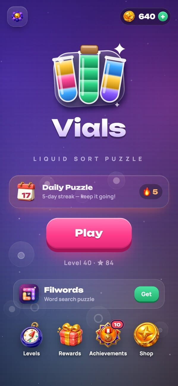 Vials: the main menu with the daily puzzle and the winning streak
