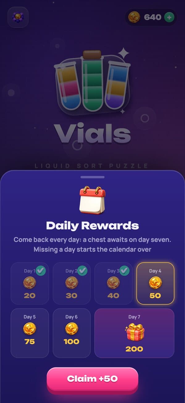 Vials: daily rewards and the chest on day seven