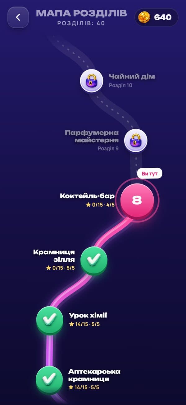 Пробірки: карта розділів із рівнями та зірками